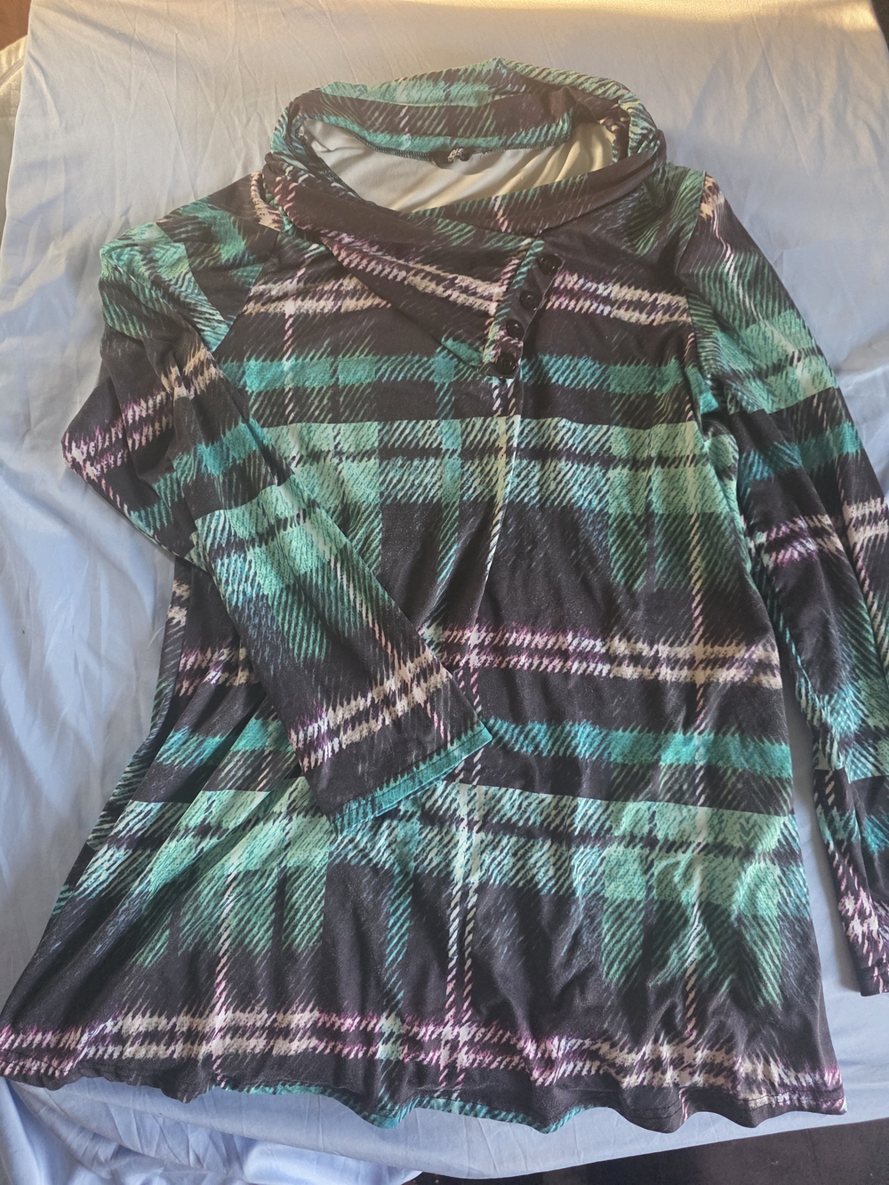 Lily Bleu Teal & Black Plaid Cowl Neck Long Sleeve Top